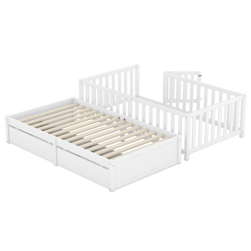 Modern Wood Daybed with Fence Guardrails and 2 Drawers