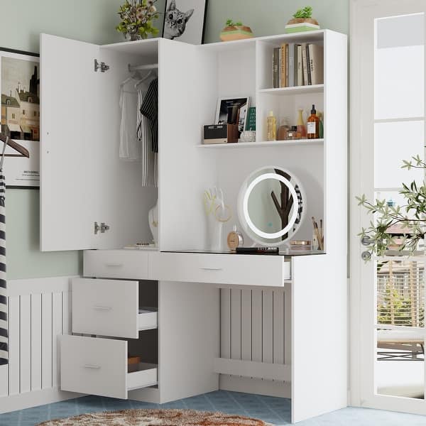 armoires & wardrobes dressing table design FUFU&GAGA Blue Wood 35.5 in. W Armoires Wardrobe With Mirror, Pulling Hanging Rod, Drawers, Shelves 15.8 in. D x 70.8 in. H