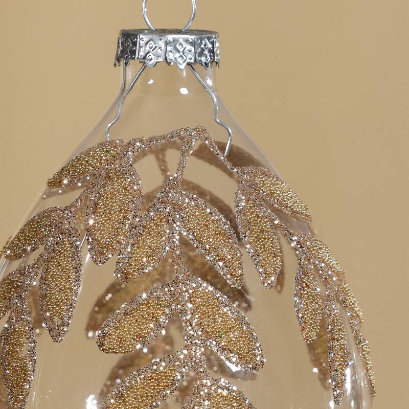 Glass Ornaments with Gold Beaded Leaf Design, Set of 6