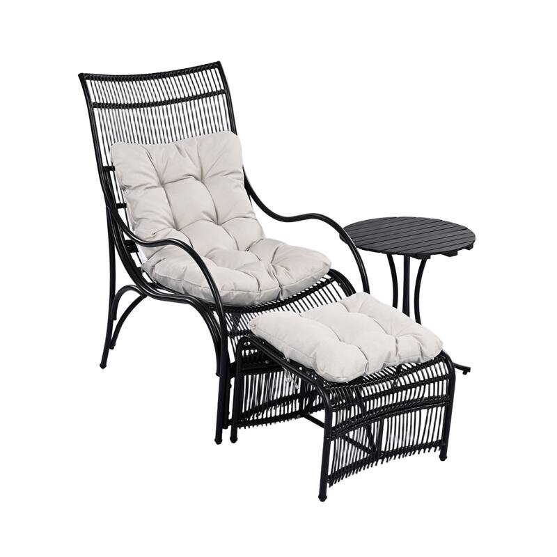 3 Pieces Wicker Outdoor Patio Furniture Set with Lounge Chair, Balcony Chairs Table Set with Cushions, Ottoman