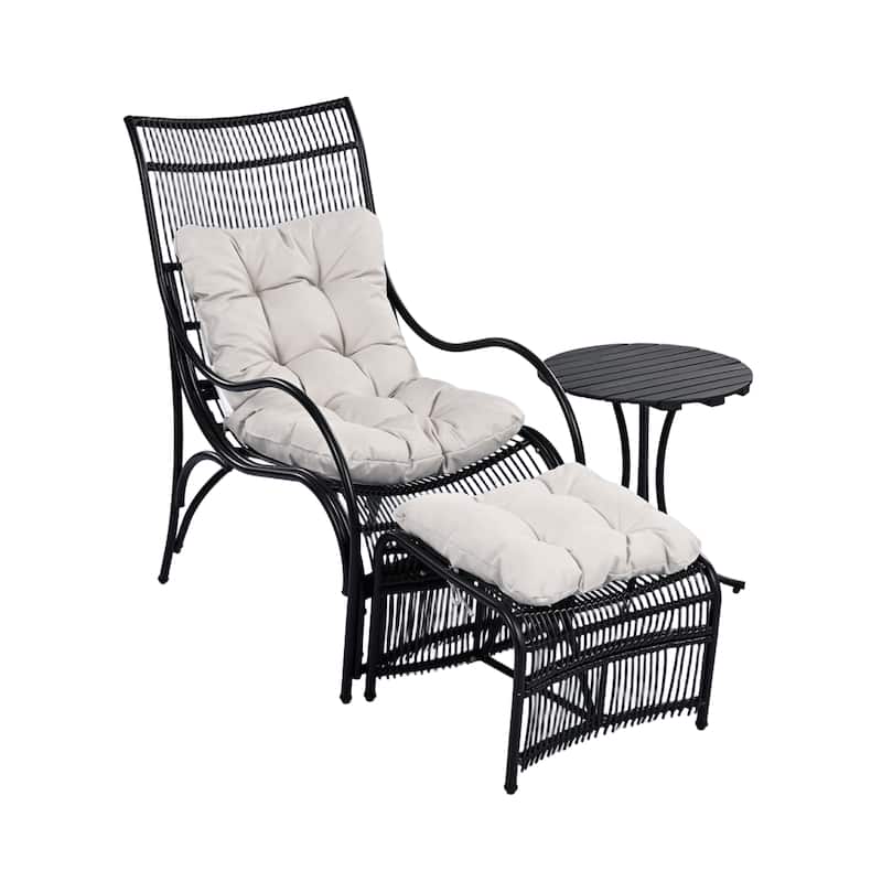 Roomfitters 3-Piece Wicker Patio Furniture Set with Lounge Chair, Ottoman, and Cushions for Garden or Deck