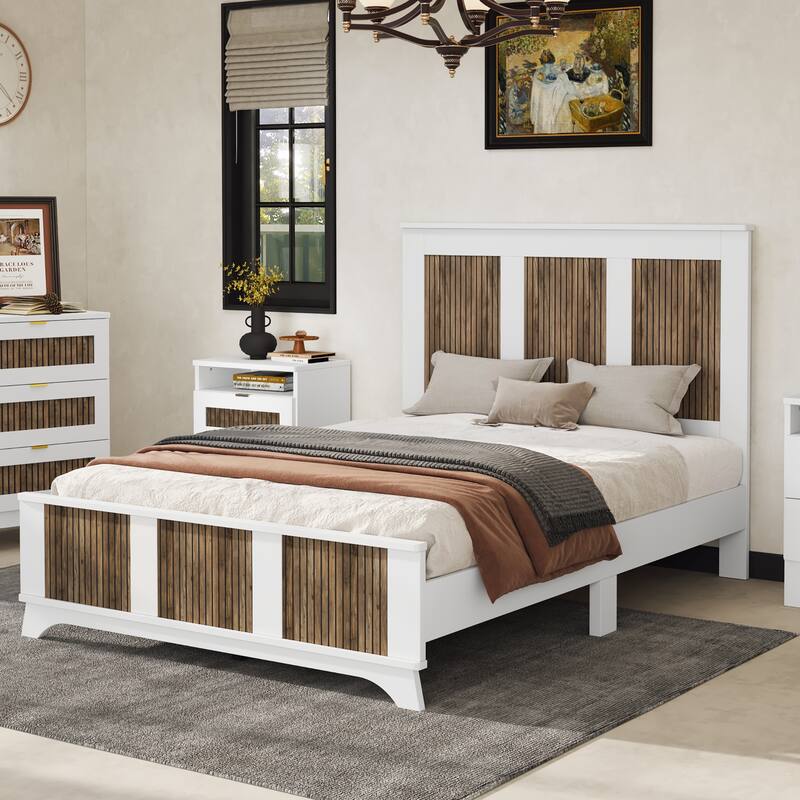 Stylish Platform Bed Slats Support Wood Bed, Rustic Farmhouse Style Bed Frame with Wooden Strip Decoration Elevated Headboard - White - Full