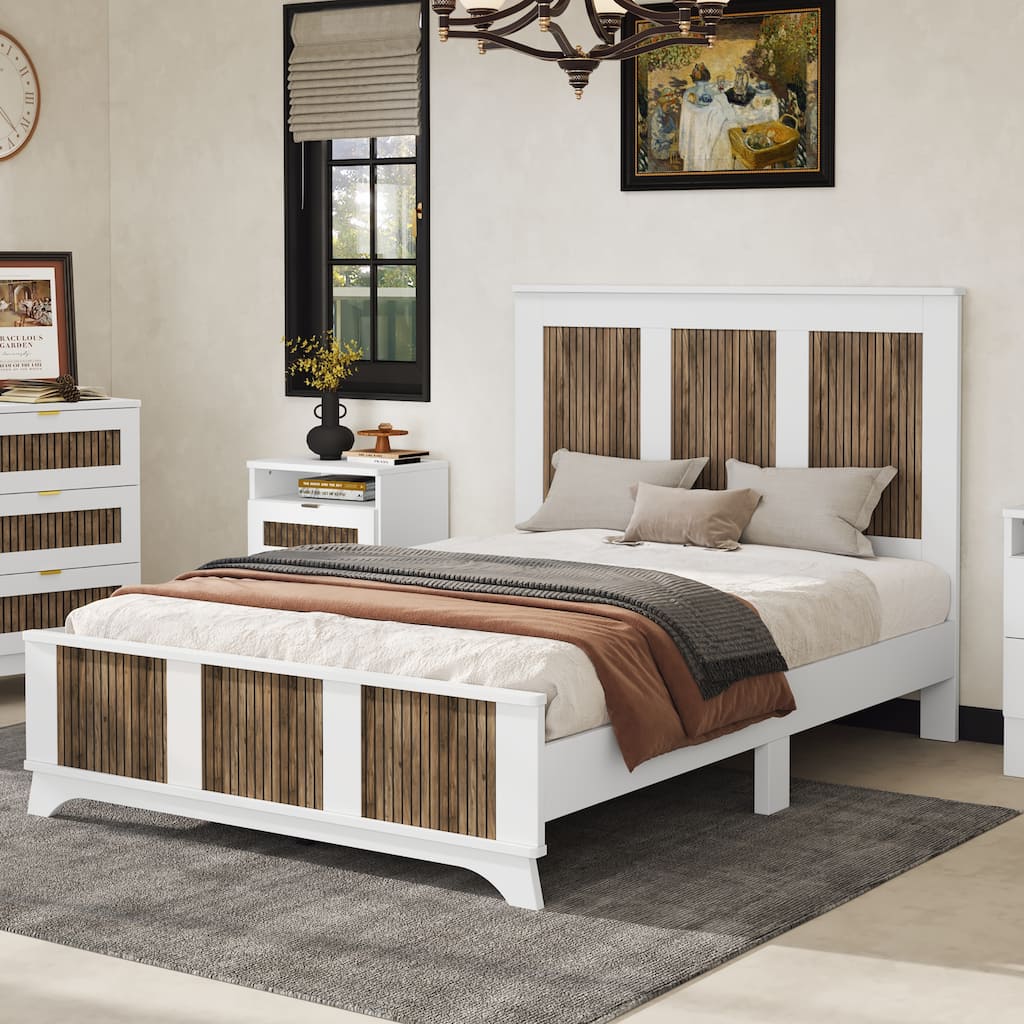 Stylish Platform Bed Slats Support Wood Bed, Rustic Farmhouse Style Bed Frame with Wooden Strip Decoration Elevated Headboard