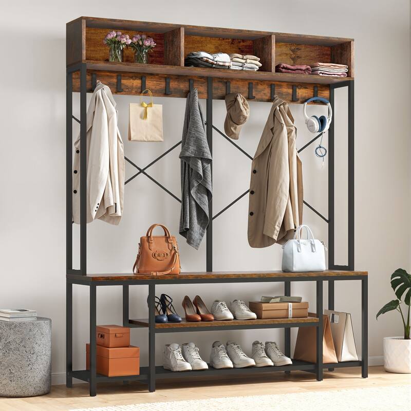 Moasis 5-in-1 Hall Tree with Shoes Storage and Coat Rack for Hallway - Brown
