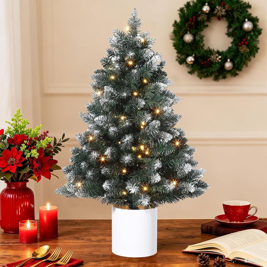 3 Feet Small Pre-Lit Snow Flocked Christmas Tree for Tabletop Decor - 3 ft