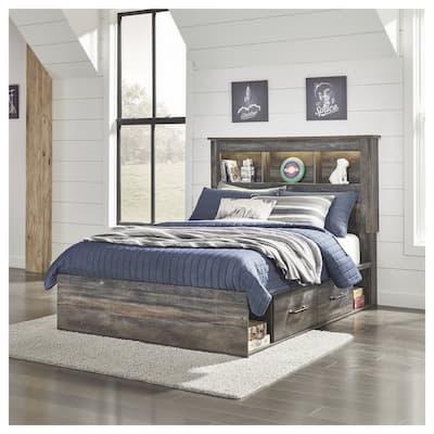 Drystan Rustic Brown Bookcase Bed with 2 Under Bed Storage Drawers