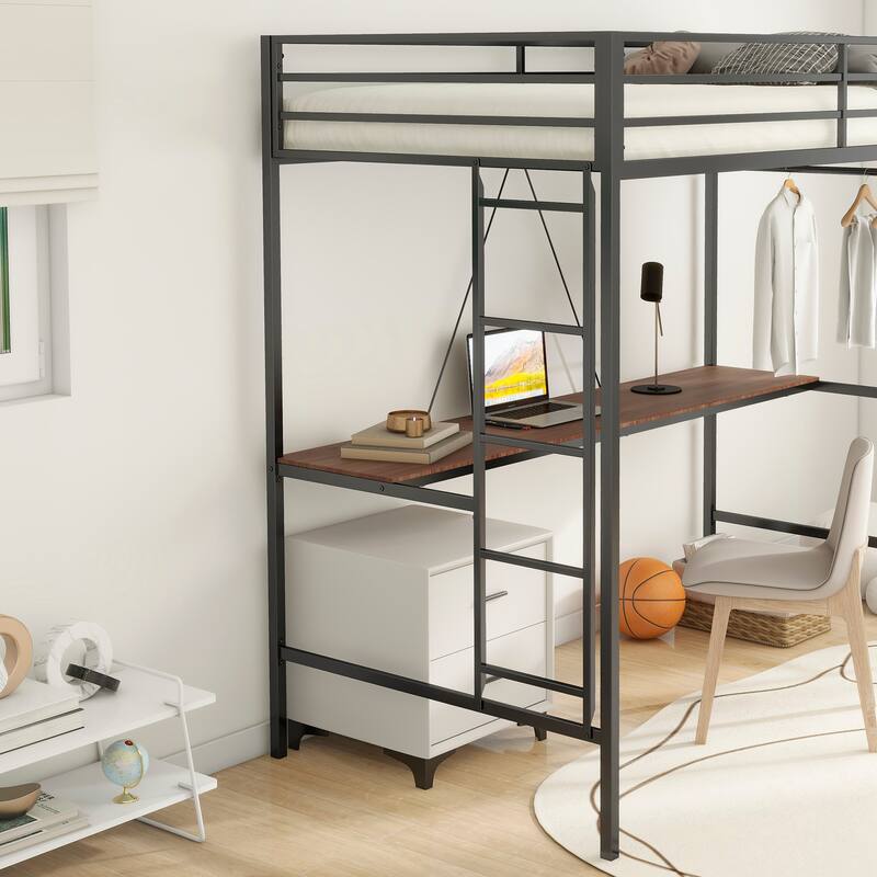 Adam Twin Loft Bunk Black with Cinnamon Wood Desk and Closet Rod No Box Spring Needed Easy Assembly