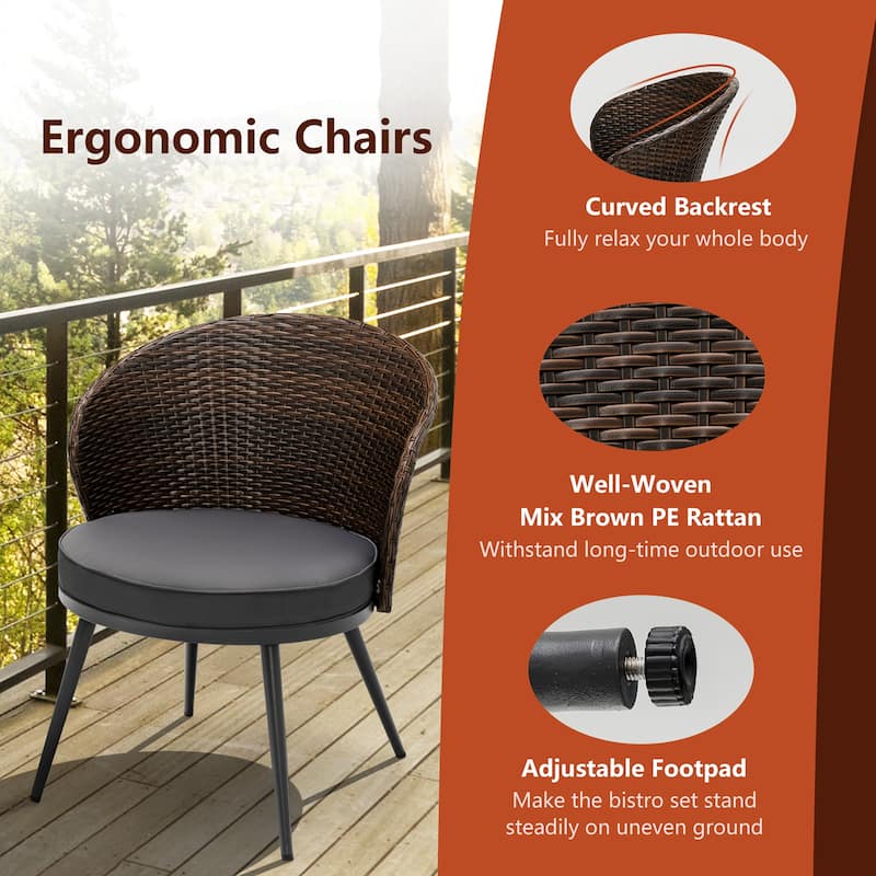 3PCS Patio Rattan Bistro Furniture Set Cushioned Chair Table Garden