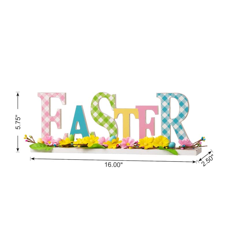 Glitzhome Wooden EASTER HOP Happy Easter with Artificial Rattan Table Sign Decor Centerpiece
