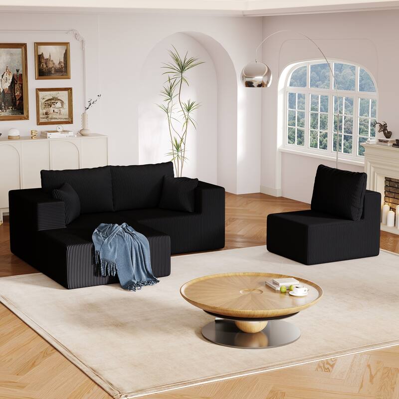 Living Room Modular Black Corduroy L-shaped Sectional Sofa with Chaise