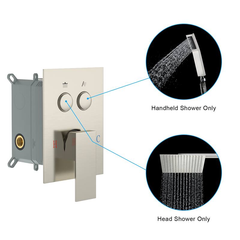 Dual Shower Head - 10 Inch Wall Mounted Square Shower System with Rough-in Valve, Brushed Nickel