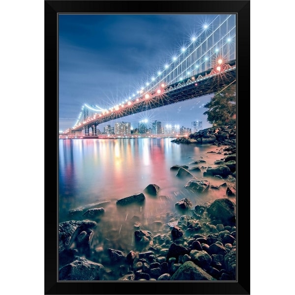 "Manhattan Bridge from the park in Brooklyn, New York City" Black Framed Print