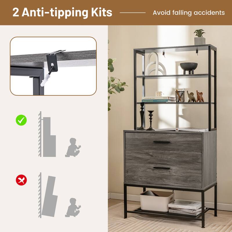 Gymax File Cabinet w/ Charging Station 3-Tier Open Shelves & Large