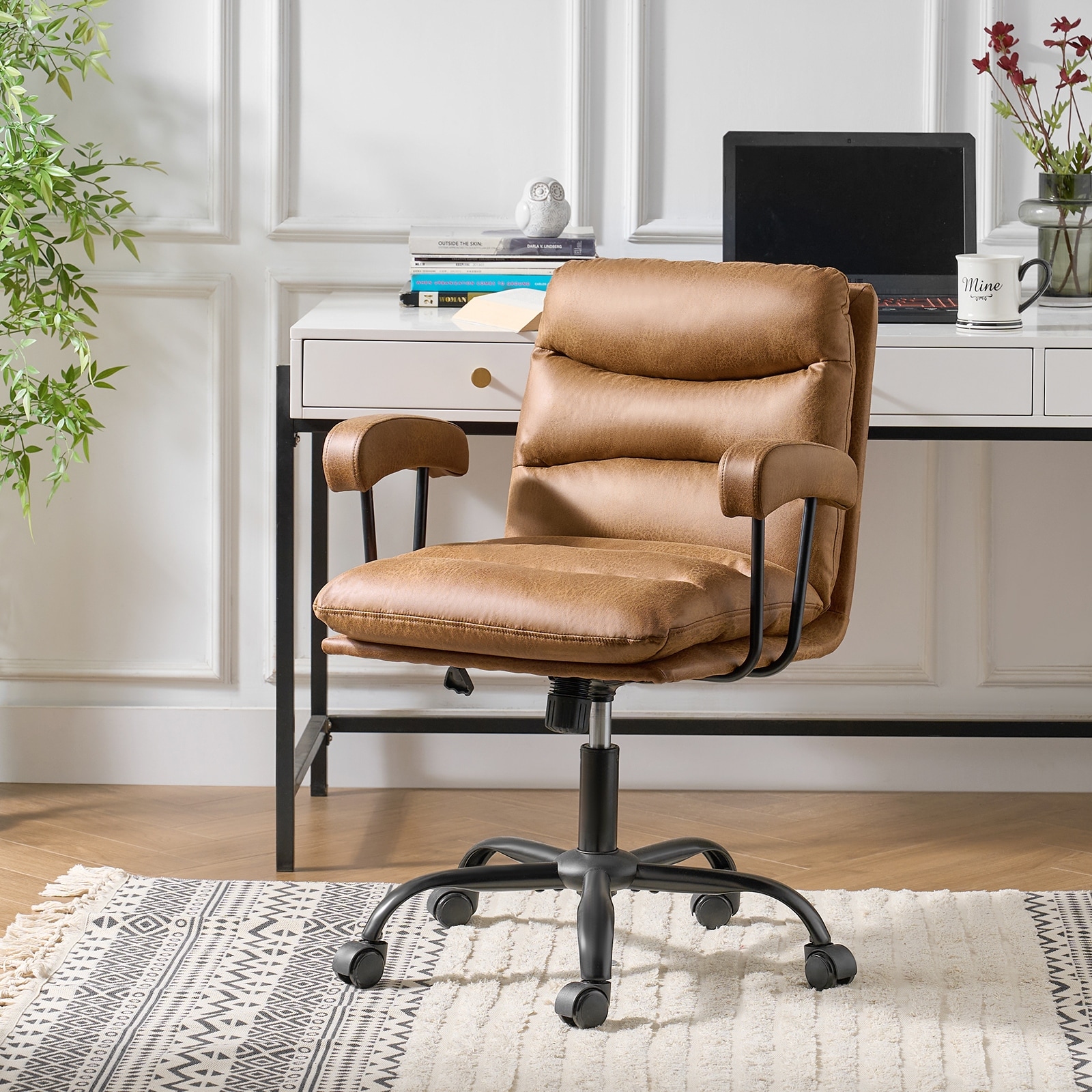 HULALA HOME Auberon Modern Faux Leather Swivel Office Chair with Ergonomic Design and Metal Legs