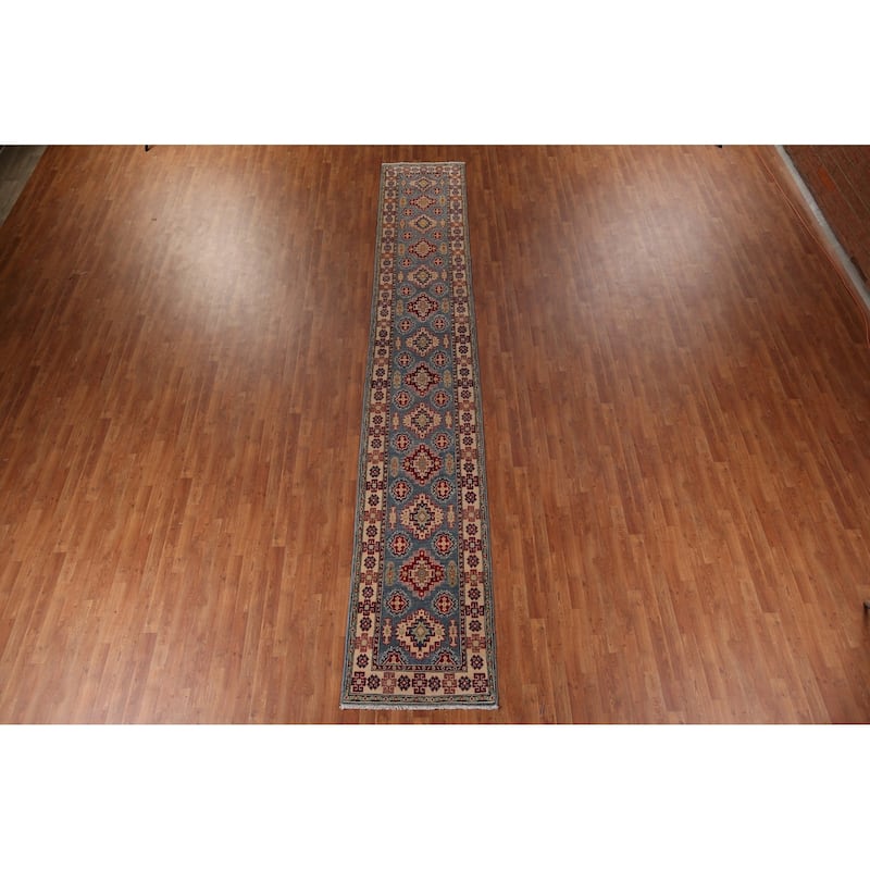 Blue Geometric Kazak Runner Rug Hand-Knotted Wool Carpet - 2'9" x 15'11"