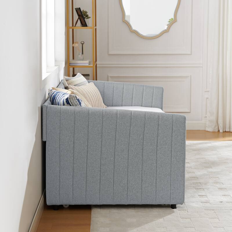 Twin Size Daybed with Trundle Upholstered Sofa Bed, with Vertical Stripes, Linen Fabric, Grey (82.5"x43"x30")