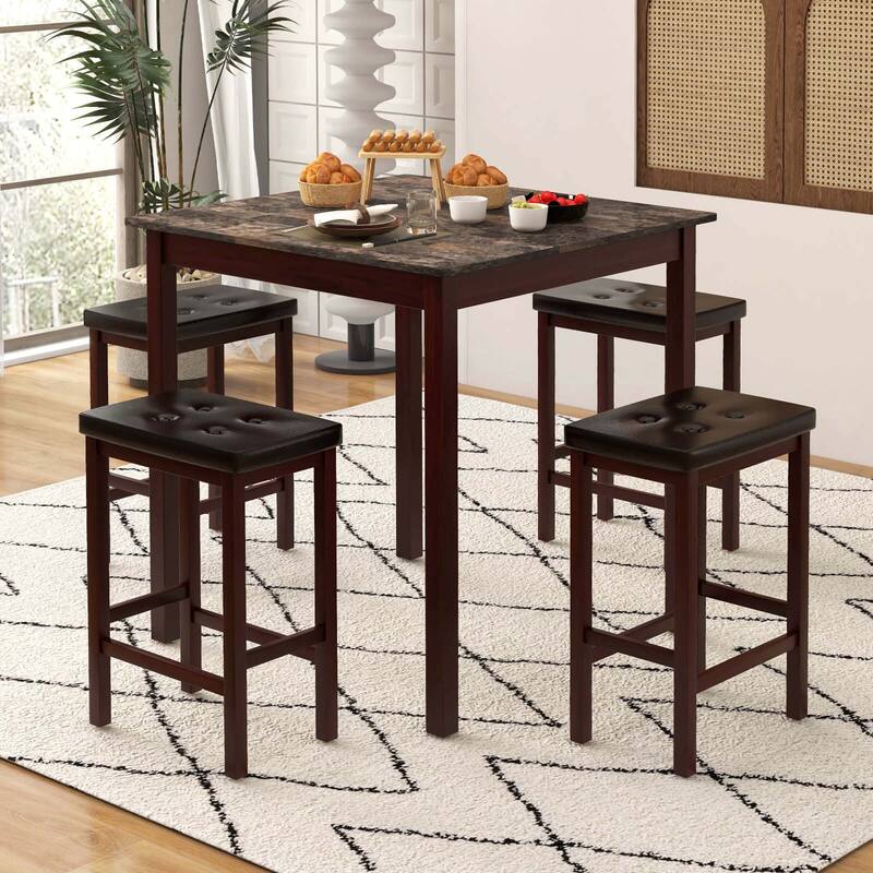 5 PCS Bar Table Set Square Dining Table & 4 PVC Leather Bar Stools