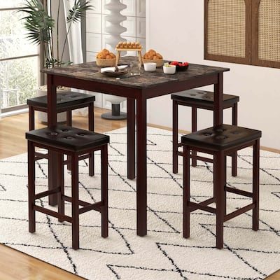 5 PCS Bar Table Set Square Dining Table & 4 PVC Leather Bar Stools