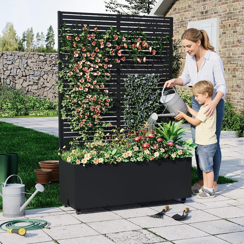 Metal Privacy Screen Planter Box, Raised Garden Bed for Climbing Plants, Veggies, Horizontal Stripes With Wheels