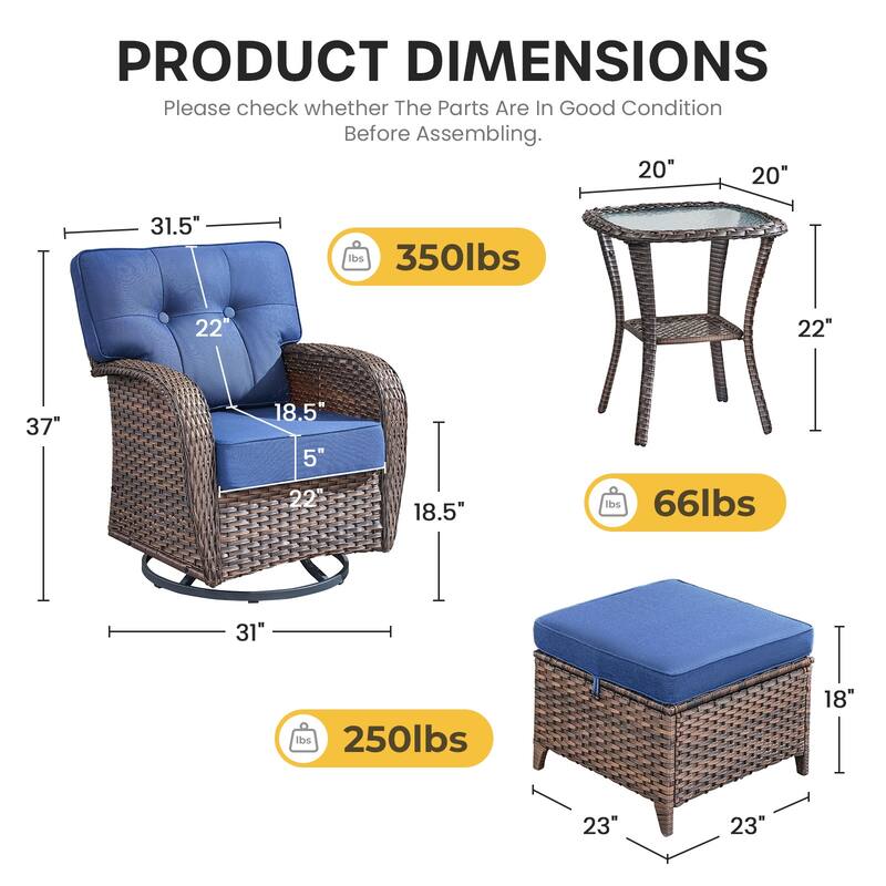 Gymojoy 5-Piece Outdoor Wicker Swivel Chair Set with Ottomans & Side Table, 5" Thick Cushions