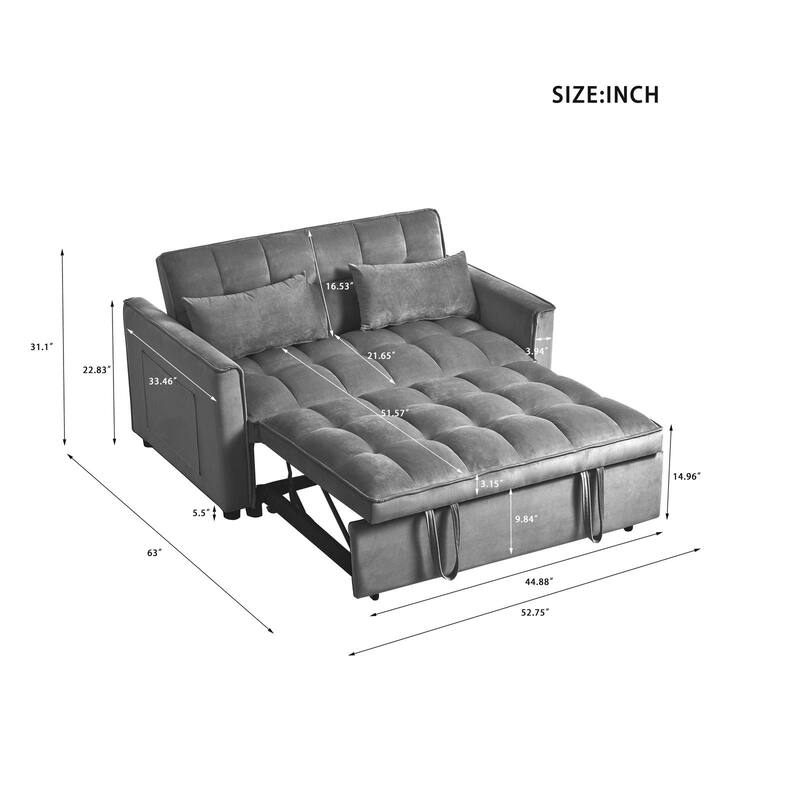 3-in-1 Velvet Convertible Sofa Bed, Adjustable Backrest with Pockets