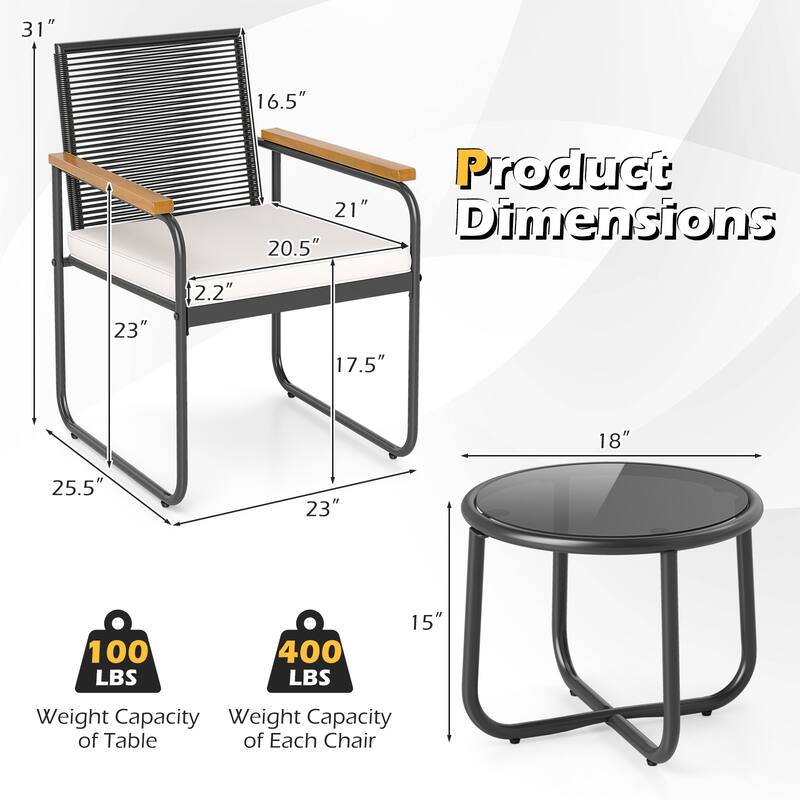 Gymax 3 Pieces Patio Furniture Set PE Wicker Chairs & Side Table