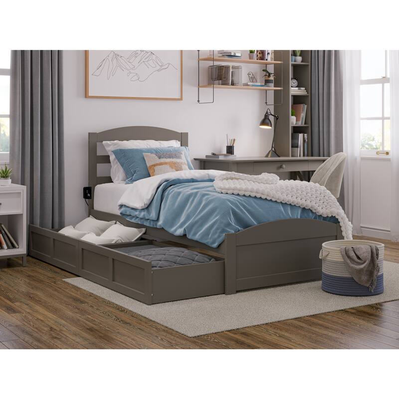 Twin Bed with Drawers & Charging Station - Grey Platform Bed Frame, No Box Spring Needed