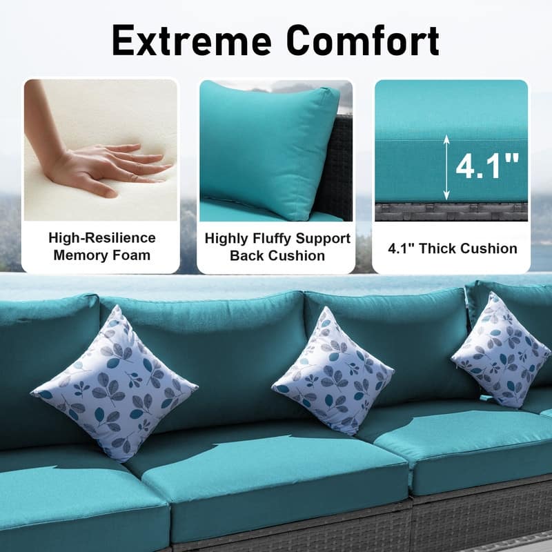 Outdoor Sectional Conversation Set PE Wicker with Double Chaise Lounge, 60,000 BTU Fire Pit Table