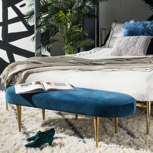 SAFAVIEH Couture Corinne Velvet Oval Bench- Navy / Gold - 48.4" W x 18.3" L x 15.8" H. Opens flyout.