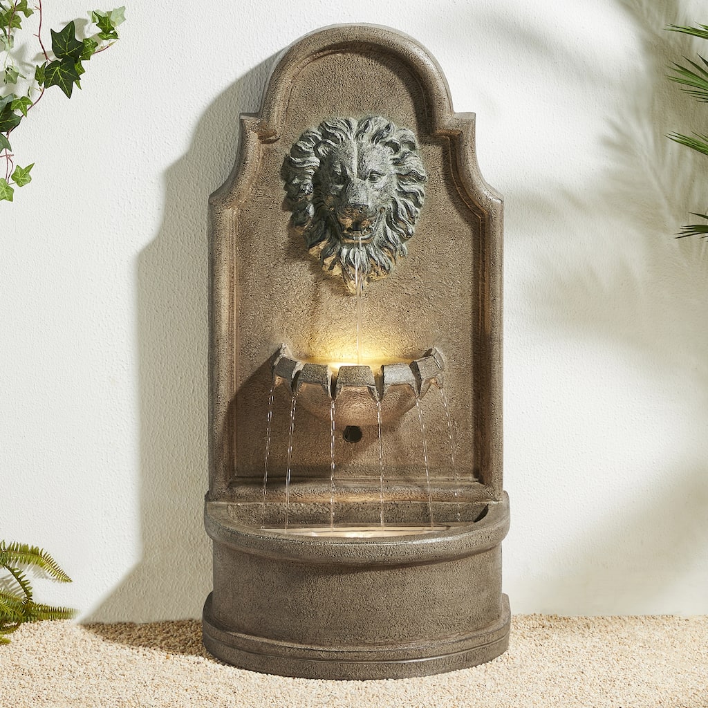 Glitzhome 31.75"H Oversized 3-Tier Lion Head LED Outdoor Floor Fountain