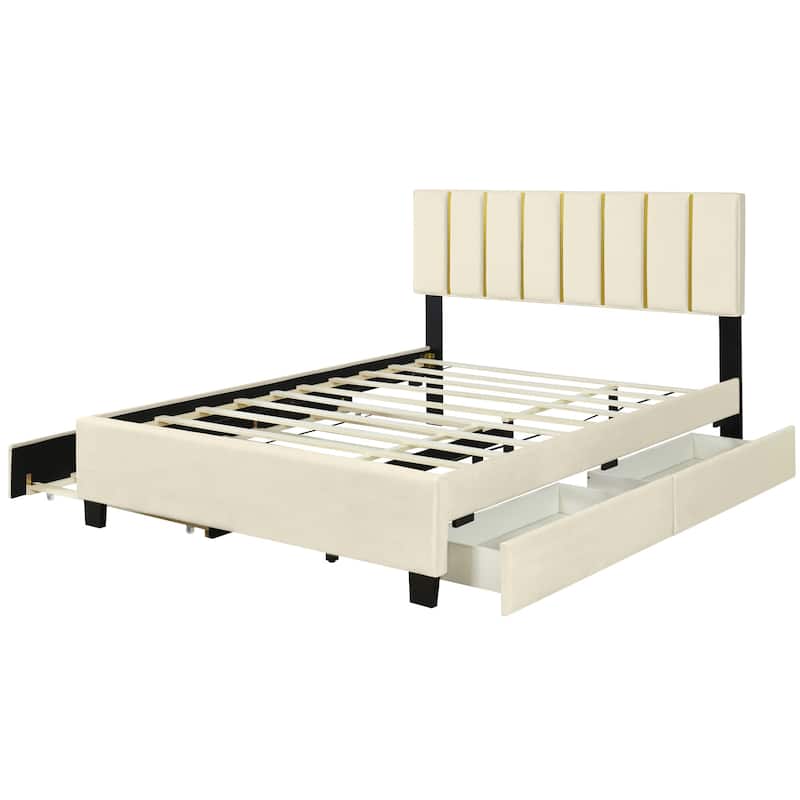 HomeRoots Beige Tufted Velvet Upholstered Queen Bed Frame With Trundle And Drawers