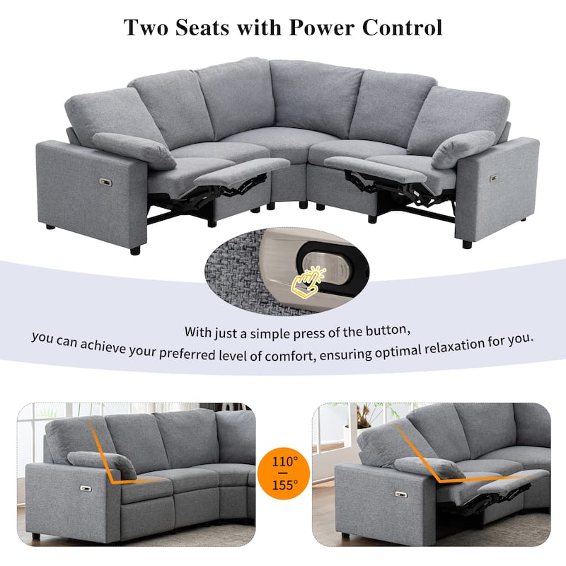 88.9" Linen Power Recliner Sectional 5-Seat Sofa with USB Ports and Storage Drawers