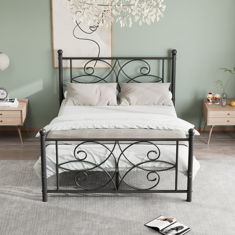 VECELO Metal Bed Frame with High Headboard and Footboard Platform Beds with Heavy Duty Mattress Foundation - Black - Full