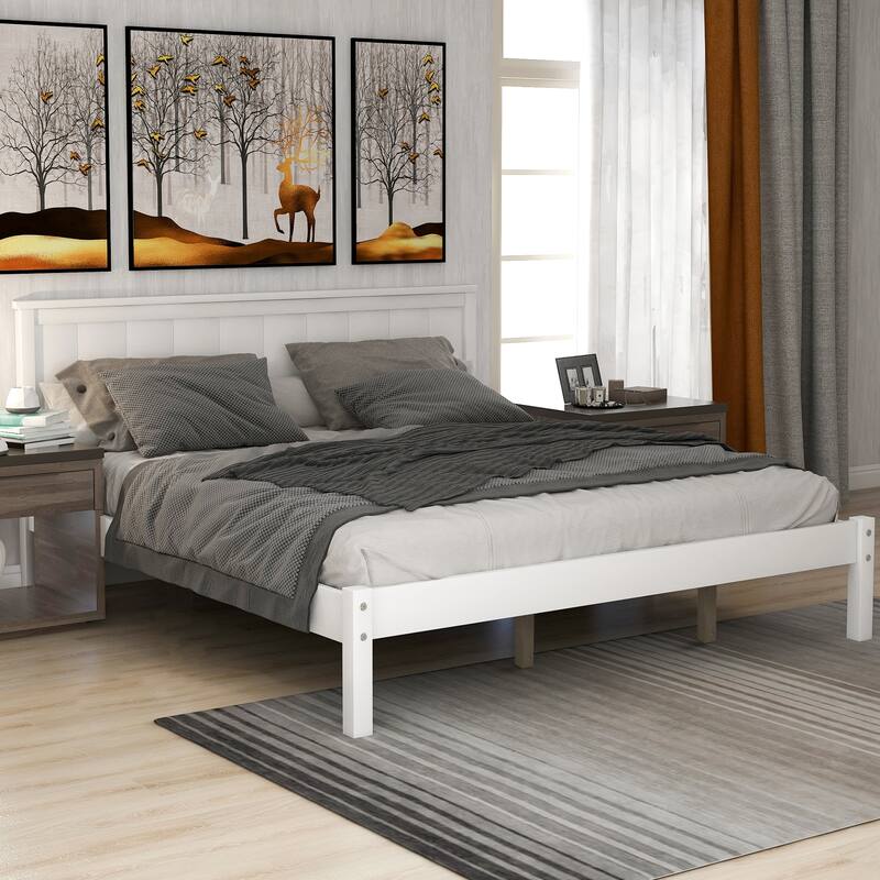Modern Bedroom Platform Bed Frame with Headboard and MDF Panel Wood Slat Support No Box Spring Needed - White