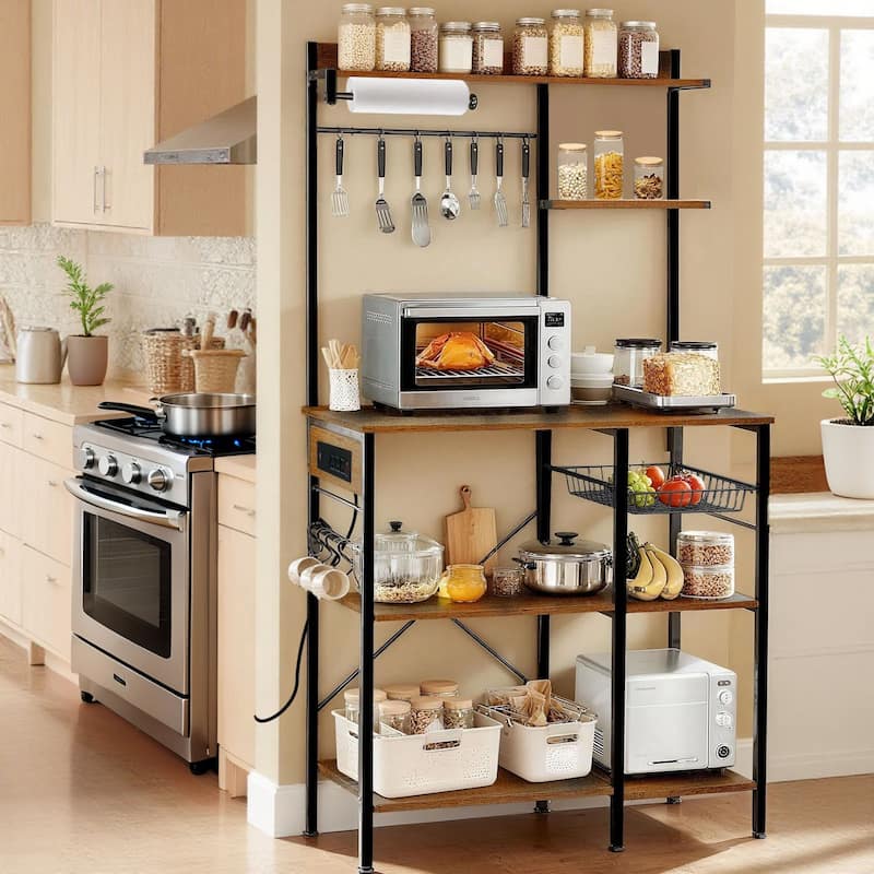 Bakers Rack with Power Outlet, Microwave Stand with Storage, Coffee Bar with S-Shaped Hooks, Kitchen Shelf with Wire Basket