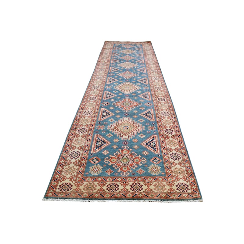 Rustic Kazak Katrina Blue/Natural Wool Runner - 4'0'' x 16'2''