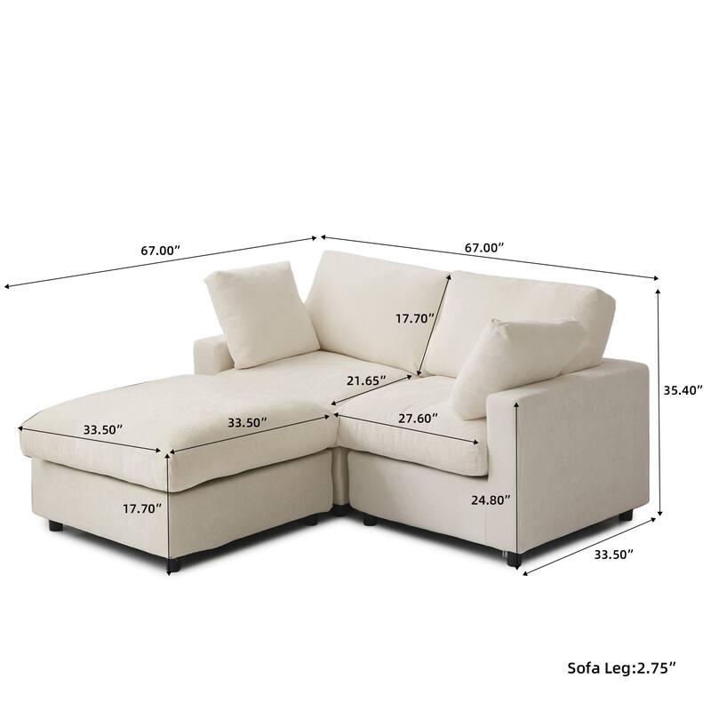 Modern Loveseat Couch with Ottoman Chenille Modular Sectional Sofa Removable Cover, Spring Cushions, Solid Wood Frame