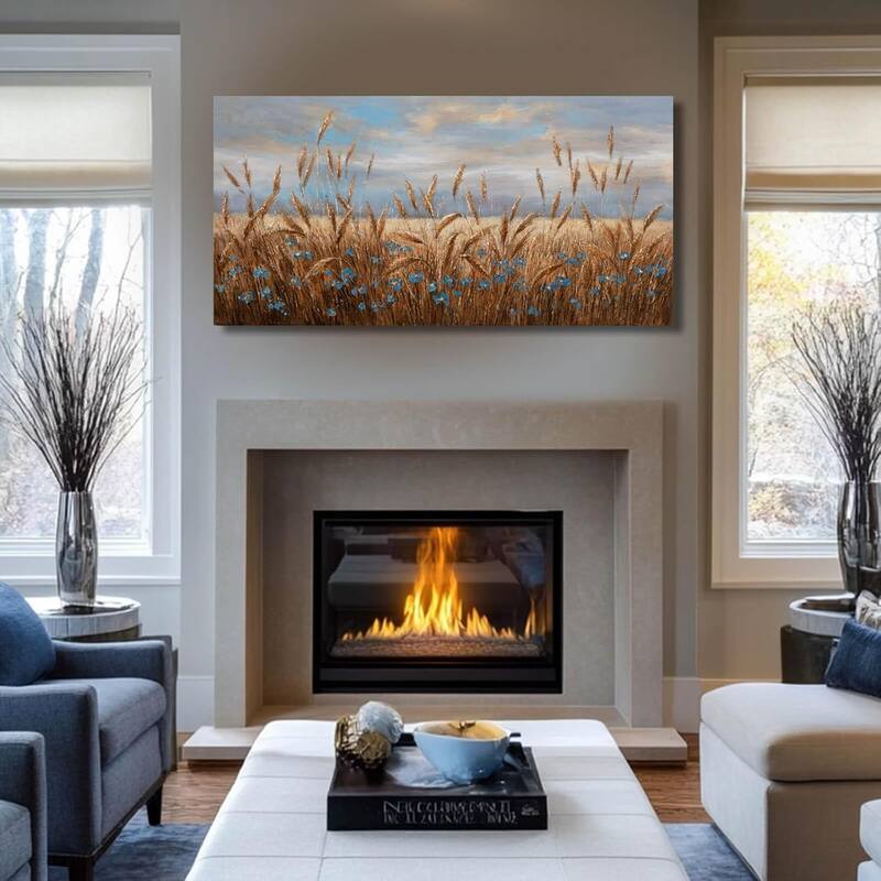 Flowers Wall Art Gold Cornfield Artwork Blue Sky Landscape