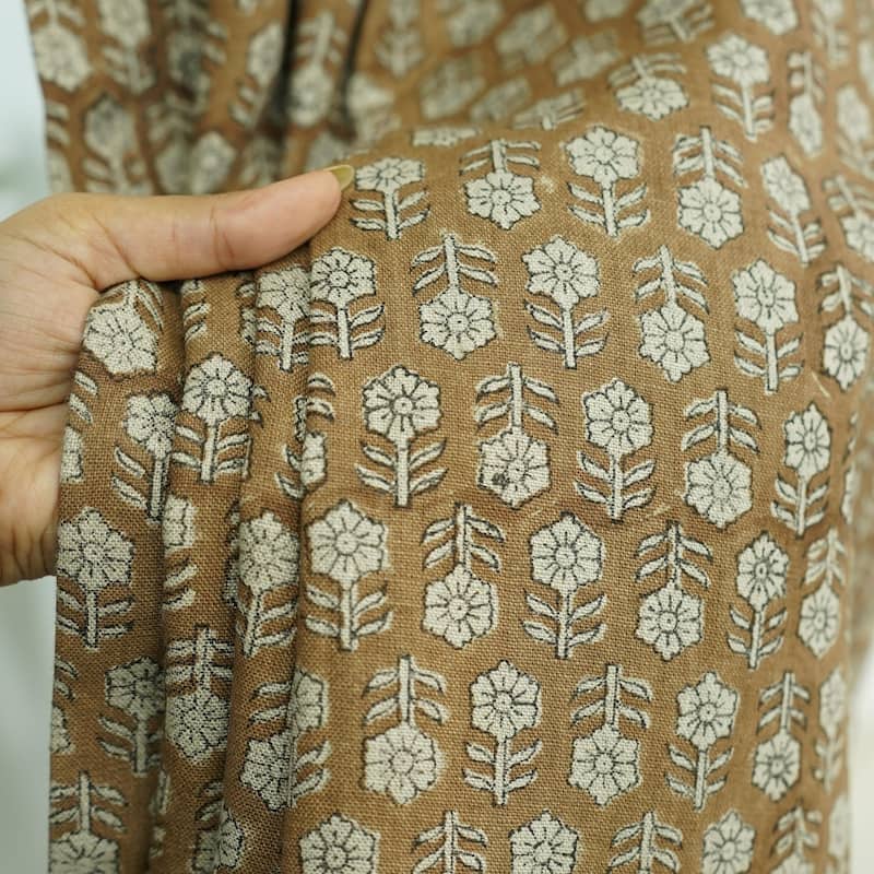 Fabdivine Handmade Soft Pure Linen Fabric Eyelet Curtain Block Print Floral Drape - 54" X 24" - Tulsi Buti- Light Brown