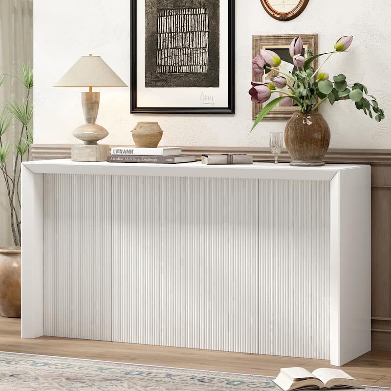 Acacia Wood Veneer Simple Entryway Table With Wavy Design,Suitable For Study,Entryway,Hallway, Living Room, Foyer - Beige