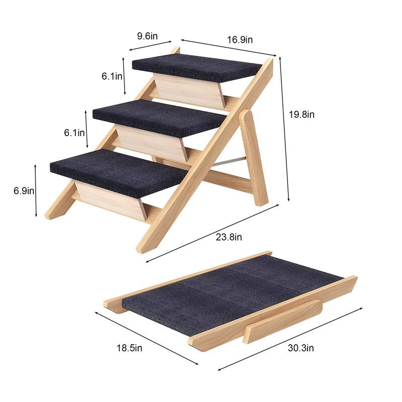 Pet Stairs Steps, Medium Dogs Steps for High Beds, Sofa, Couch, Car, 2-in-1 Foldable Wood Dog Ramp with Non-Slip Pads, Safety