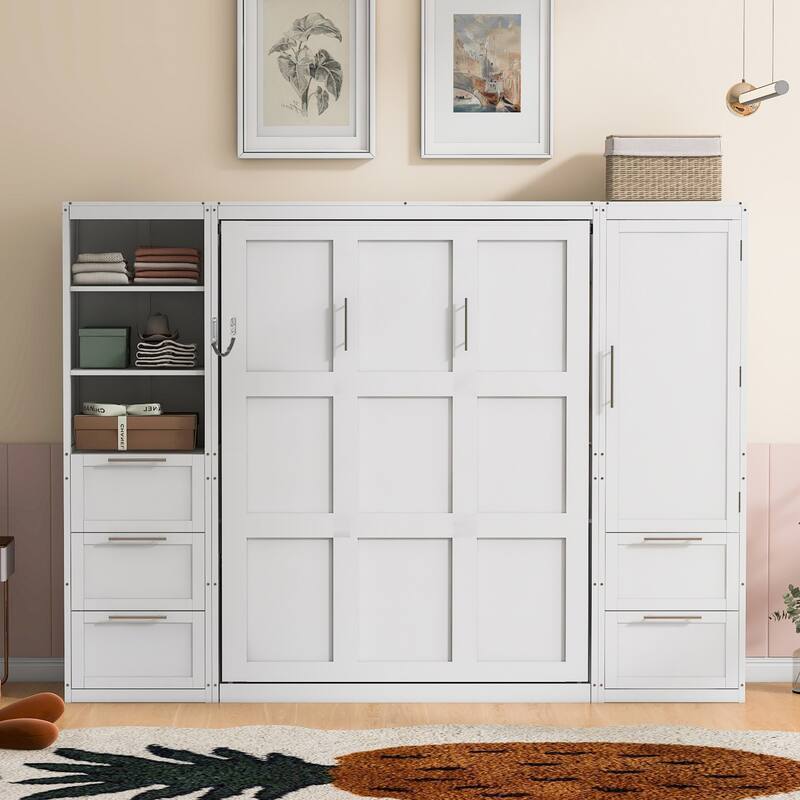 Foldable Queen Size Murphy Bed Flip Design Storage Wall Cabinet Bed with Wardrobe, Drawers, Open Shelves and Adjustable Layout - White - Queen