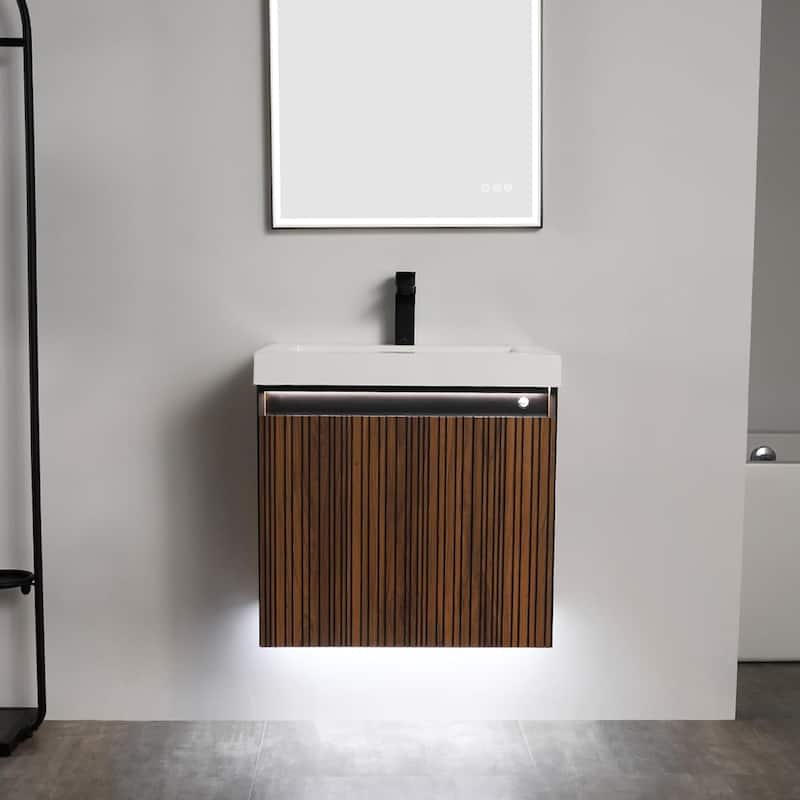 Blossom Lille Brown Walnut Floating Vanity with LED & Acrylic Sink