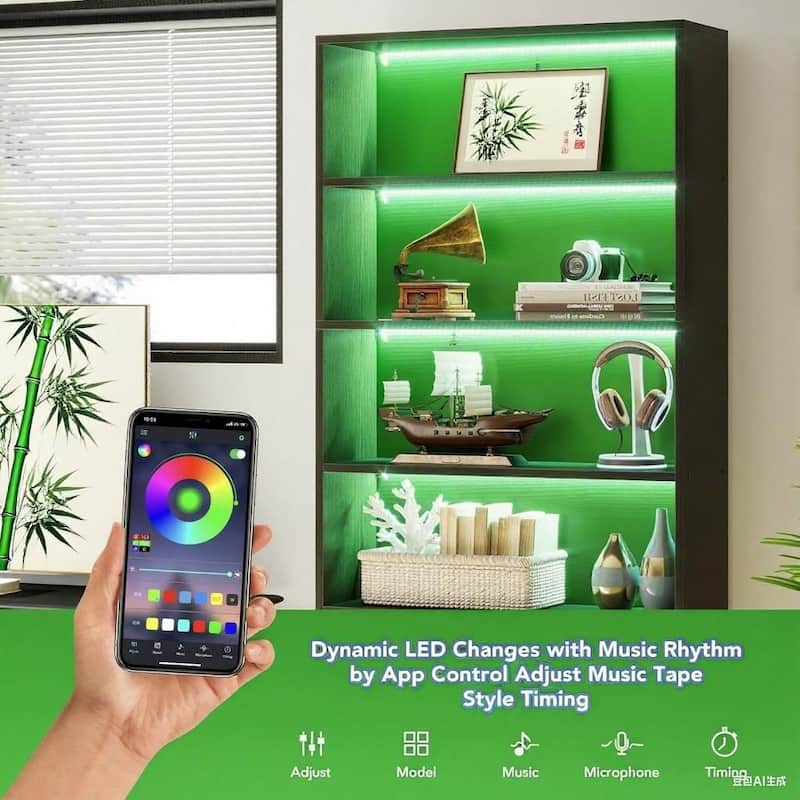 5-Tier Tall Bookshelf with LED Lights Adjustable Shelves Heavy Duty Metal Frame for Home Office Library Storage