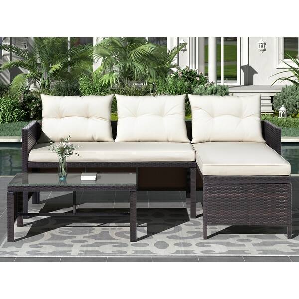 3 Pcs Outdoor Rattan Furniture Sofa Set With Cushions Beige