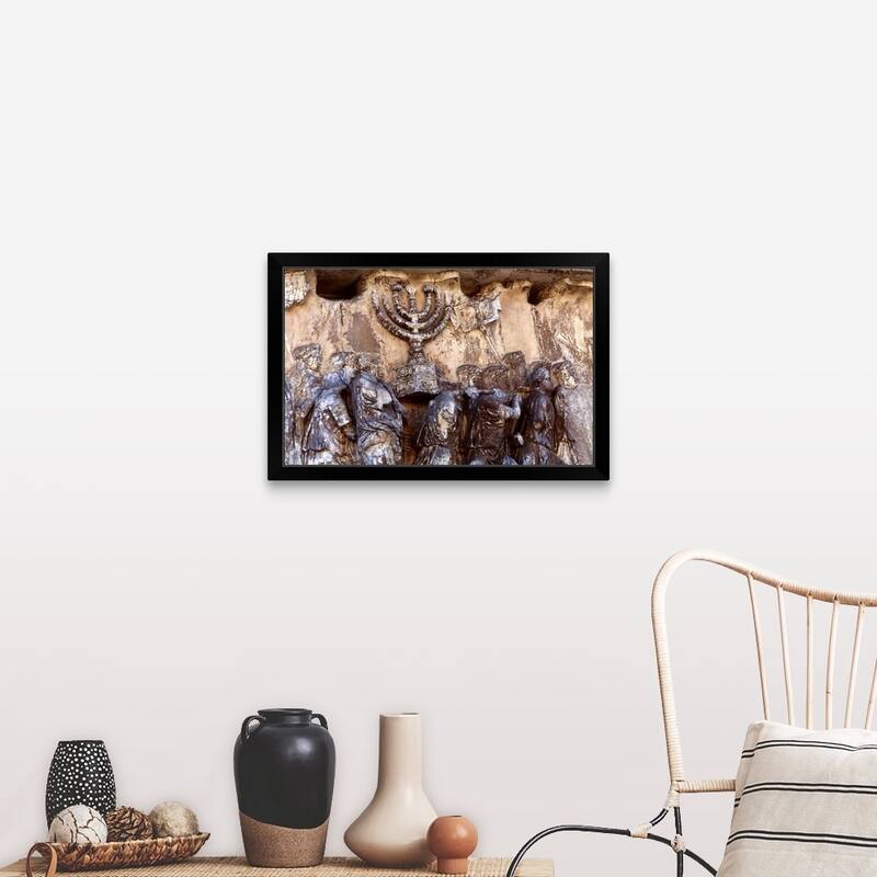 "Relief on wall of Forum depicting Roman troops taking menorah from temple" Black Framed Print - 30 x 20