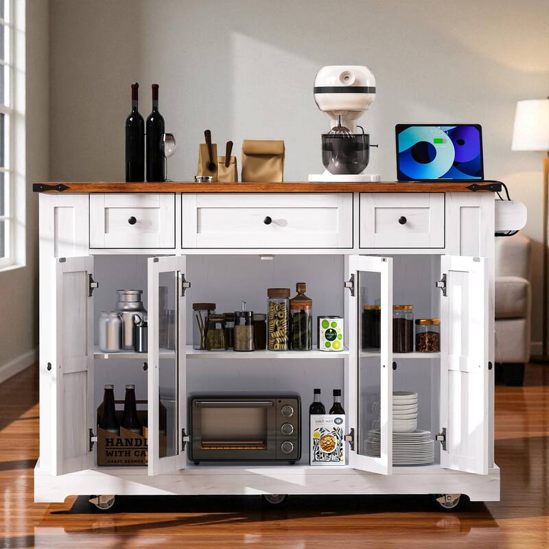 53" Farmhouse Kitchen Island with Drop Leaf & Power Outlet, Rolling Kitchen Cart with Glass Doors, 5 Side Racks & 3 Drawers