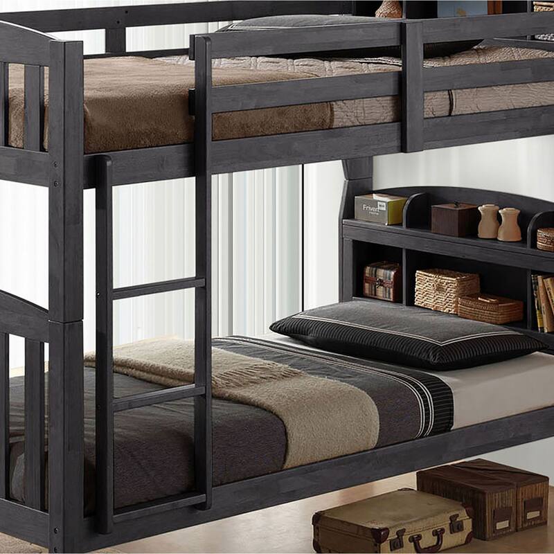 Furniture of America Maurice Gray Solid Wood Twin Over Twin Bunk Bed with Attached Ladder