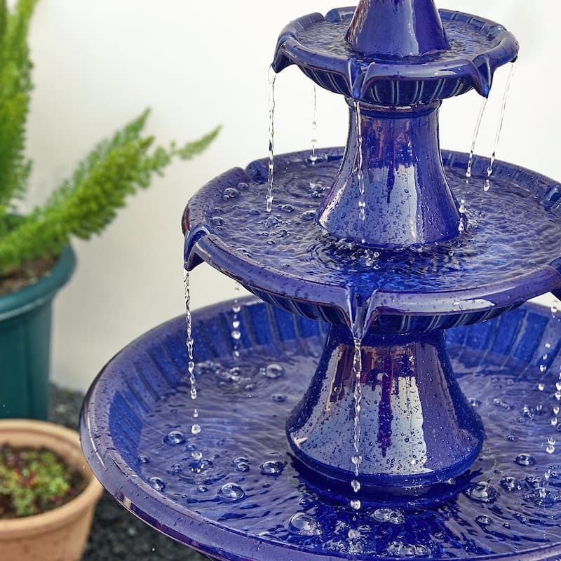 Glitzhome 45"H Oversized 3-Tier Pedestal Lotus Ceramic Resin Outdoor LED Fountains