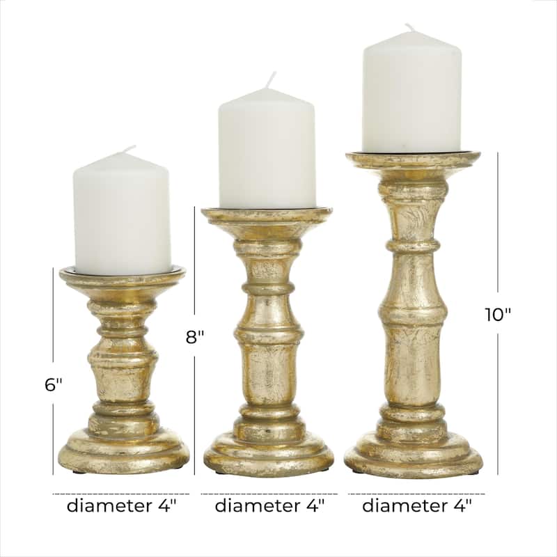 Gold, Black or White Mango Wood Turned Style Pillar Decorative Candle Holder (Set of 3)
